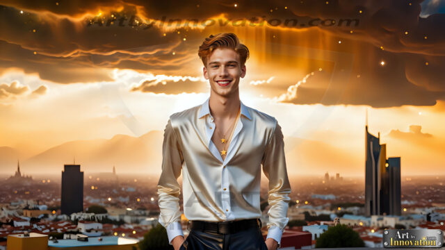 The Men of the Golden City is a collection of AI generated images of beautiful, glamorous, handsome guys in the heavens. The heavenly landscape evokes a sense of magnificence, the majestic gothic architecture, is detailed and crafted to create an atmosphere of reverence and divine glory. The mystical and galactic landscape highlights the golden city. The great detail of the city and the billowing clouds. A golden river flows from the city to the end of the galaxy. The vast galaxy almost covers the image. The stars and constellations sparkle in the galaxy. The city has massive, magnificent, majestic gothic architecture.