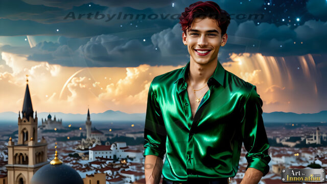 The Men of the Golden City is a collection of AI generated images of beautiful, glamorous, handsome guys in the heavens. The heavenly landscape evokes a sense of magnificence, the majestic gothic architecture, is detailed and crafted to create an atmosphere of reverence and divine glory. The mystical and galactic landscape highlights the golden city. The great detail of the city and the billowing clouds. A golden river flows from the city to the end of the galaxy. The vast galaxy almost covers the image. The stars and constellations sparkle in the galaxy. The city has massive, magnificent, majestic gothic architecture.