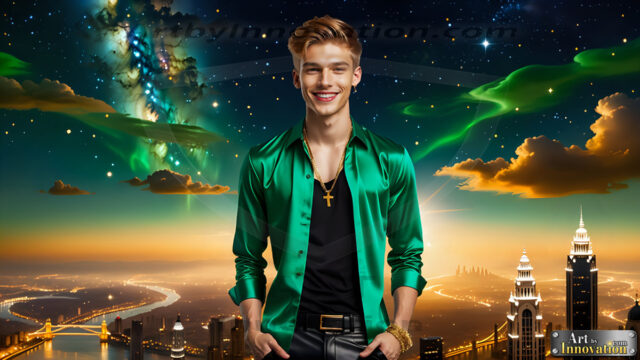 The Men of the Golden City is a collection of AI generated images of beautiful, glamorous, handsome guys in the heavens. The heavenly landscape evokes a sense of magnificence, the majestic gothic architecture, is detailed and crafted to create an atmosphere of reverence and divine glory. The mystical and galactic landscape highlights the golden city. The great detail of the city and the billowing clouds. A golden river flows from the city to the end of the galaxy. The vast galaxy almost covers the image. The stars and constellations sparkle in the galaxy. The city has massive, magnificent, majestic gothic architecture.