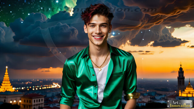 The Men of the Golden City is a collection of AI generated images of beautiful, glamorous, handsome guys in the heavens. The heavenly landscape evokes a sense of magnificence, the majestic gothic architecture, is detailed and crafted to create an atmosphere of reverence and divine glory. The mystical and galactic landscape highlights the golden city. The great detail of the city and the billowing clouds. A golden river flows from the city to the end of the galaxy. The vast galaxy almost covers the image. The stars and constellations sparkle in the galaxy. The city has massive, magnificent, majestic gothic architecture.