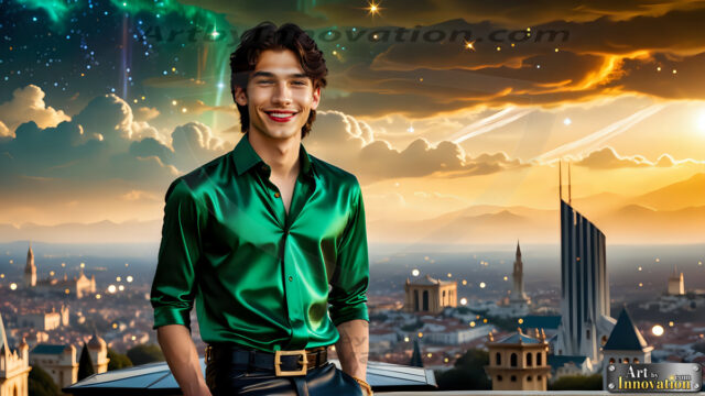 The Men of the Golden City is a collection of AI generated images of beautiful, glamorous, handsome guys in the heavens. The heavenly landscape evokes a sense of magnificence, the majestic gothic architecture, is detailed and crafted to create an atmosphere of reverence and divine glory. The mystical and galactic landscape highlights the golden city. The great detail of the city and the billowing clouds. A golden river flows from the city to the end of the galaxy. The vast galaxy almost covers the image. The stars and constellations sparkle in the galaxy. The city has massive, magnificent, majestic gothic architecture.