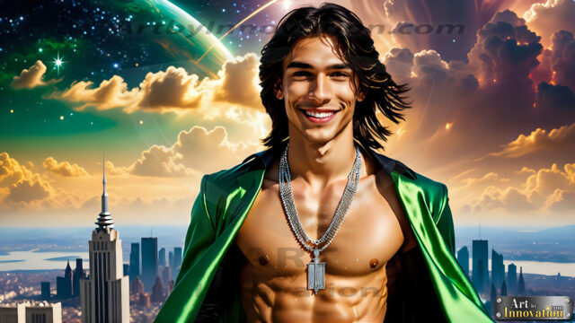 The Men of the Golden City is a collection of AI generated images of beautiful, glamorous, handsome guys in the heavens. The heavenly landscape evokes a sense of magnificence, the majestic gothic architecture, is detailed and crafted to create an atmosphere of reverence and divine glory. The mystical and galactic landscape highlights the golden city. The great detail of the city and the billowing clouds. A golden river flows from the city to the end of the galaxy. The vast galaxy almost covers the image. The stars and constellations sparkle in the galaxy. The city has massive, magnificent, majestic gothic architecture.