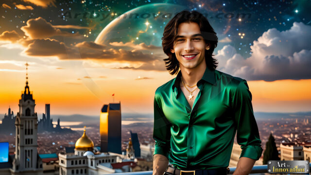 The Men of the Golden City is a collection of AI generated images of beautiful, glamorous, handsome guys in the heavens. The heavenly landscape evokes a sense of magnificence, the majestic gothic architecture, is detailed and crafted to create an atmosphere of reverence and divine glory. The mystical and galactic landscape highlights the golden city. The great detail of the city and the billowing clouds. A golden river flows from the city to the end of the galaxy. The vast galaxy almost covers the image. The stars and constellations sparkle in the galaxy. The city has massive, magnificent, majestic gothic architecture.