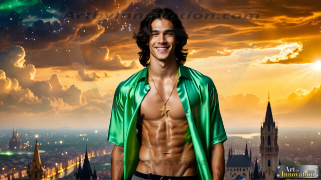 The Men of the Golden City is a collection of AI generated images of beautiful, glamorous, handsome guys in the heavens. The heavenly landscape evokes a sense of magnificence, the majestic gothic architecture, is detailed and crafted to create an atmosphere of reverence and divine glory. The mystical and galactic landscape highlights the golden city. The great detail of the city and the billowing clouds. A golden river flows from the city to the end of the galaxy. The vast galaxy almost covers the image. The stars and constellations sparkle in the galaxy. The city has massive, magnificent, majestic gothic architecture.