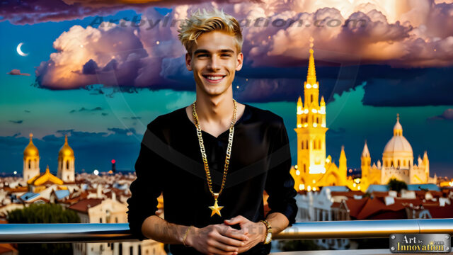 The Men of the Golden City is a collection of AI generated images of beautiful, glamorous, handsome guys in the heavens. The heavenly landscape evokes a sense of magnificence, the majestic gothic architecture, is detailed and crafted to create an atmosphere of reverence and divine glory. The mystical and galactic landscape highlights the golden city. The great detail of the city and the billowing clouds. A golden river flows from the city to the end of the galaxy. The vast galaxy almost covers the image. The stars and constellations sparkle in the galaxy. The city has massive, magnificent, majestic gothic architecture.
