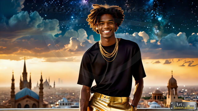 The Men of the Golden City is a collection of AI generated images of beautiful, glamorous, handsome guys in the heavens. The heavenly landscape evokes a sense of magnificence, the majestic gothic architecture, is detailed and crafted to create an atmosphere of reverence and divine glory. The mystical and galactic landscape highlights the golden city. The great detail of the city and the billowing clouds. A golden river flows from the city to the end of the galaxy. The vast galaxy almost covers the image. The stars and constellations sparkle in the galaxy. The city has massive, magnificent, majestic gothic architecture.