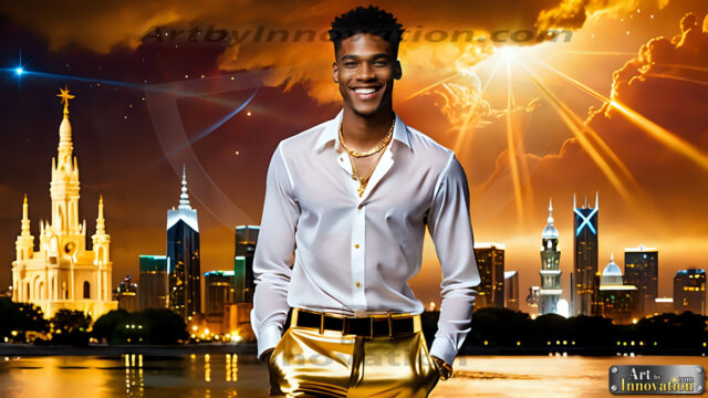 The Men of the Golden City is a collection of AI generated images of beautiful, glamorous, handsome guys in the heavens. The heavenly landscape evokes a sense of magnificence, the majestic gothic architecture, is detailed and crafted to create an atmosphere of reverence and divine glory. The mystical and galactic landscape highlights the golden city. The great detail of the city and the billowing clouds. A golden river flows from the city to the end of the galaxy. The vast galaxy almost covers the image. The stars and constellations sparkle in the galaxy. The city has massive, magnificent, majestic gothic architecture.