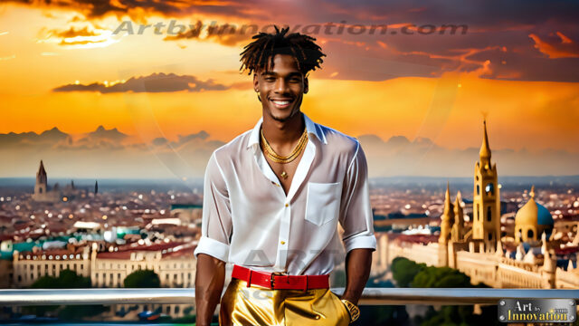 The Men of the Golden City is a collection of AI generated images of beautiful, glamorous, handsome guys in the heavens. The heavenly landscape evokes a sense of magnificence, the majestic gothic architecture, is detailed and crafted to create an atmosphere of reverence and divine glory. The mystical and galactic landscape highlights the golden city. The great detail of the city and the billowing clouds. A golden river flows from the city to the end of the galaxy. The vast galaxy almost covers the image. The stars and constellations sparkle in the galaxy. The city has massive, magnificent, majestic gothic architecture.