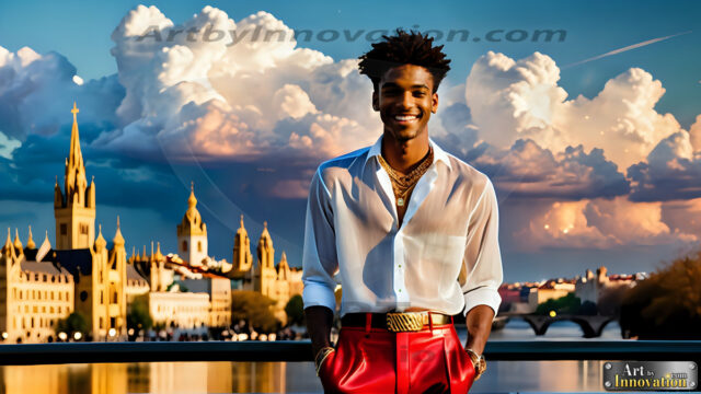 The Men of the Golden City is a collection of AI generated images of beautiful, glamorous, handsome guys in the heavens. The heavenly landscape evokes a sense of magnificence, the majestic gothic architecture, is detailed and crafted to create an atmosphere of reverence and divine glory. The mystical and galactic landscape highlights the golden city. The great detail of the city and the billowing clouds. A golden river flows from the city to the end of the galaxy. The vast galaxy almost covers the image. The stars and constellations sparkle in the galaxy. The city has massive, magnificent, majestic gothic architecture.