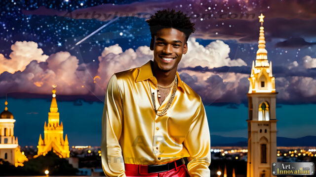 The Men of the Golden City is a collection of AI generated images of beautiful, glamorous, handsome guys in the heavens. The heavenly landscape evokes a sense of magnificence, the majestic gothic architecture, is detailed and crafted to create an atmosphere of reverence and divine glory. The mystical and galactic landscape highlights the golden city. The great detail of the city and the billowing clouds. A golden river flows from the city to the end of the galaxy. The vast galaxy almost covers the image. The stars and constellations sparkle in the galaxy. The city has massive, magnificent, majestic gothic architecture.