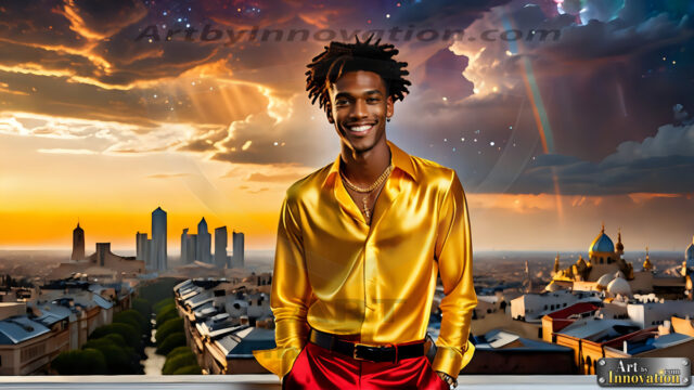 The Men of the Golden City is a collection of AI generated images of beautiful, glamorous, handsome guys in the heavens. The heavenly landscape evokes a sense of magnificence, the majestic gothic architecture, is detailed and crafted to create an atmosphere of reverence and divine glory. The mystical and galactic landscape highlights the golden city. The great detail of the city and the billowing clouds. A golden river flows from the city to the end of the galaxy. The vast galaxy almost covers the image. The stars and constellations sparkle in the galaxy. The city has massive, magnificent, majestic gothic architecture.