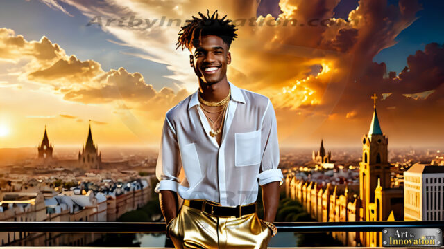 The Men of the Golden City is a collection of AI generated images of beautiful, glamorous, handsome guys in the heavens. The heavenly landscape evokes a sense of magnificence, the majestic gothic architecture, is detailed and crafted to create an atmosphere of reverence and divine glory. The mystical and galactic landscape highlights the golden city. The great detail of the city and the billowing clouds. A golden river flows from the city to the end of the galaxy. The vast galaxy almost covers the image. The stars and constellations sparkle in the galaxy. The city has massive, magnificent, majestic gothic architecture.