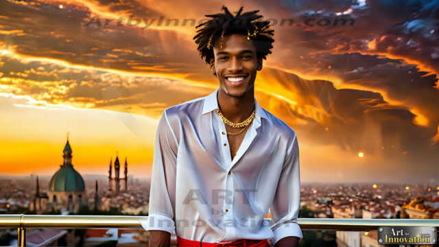 The Men of the Golden City is a collection of AI generated images of beautiful, glamorous, handsome guys in the heavens. The heavenly landscape evokes a sense of magnificence, the majestic gothic architecture, is detailed and crafted to create an atmosphere of reverence and divine glory. The mystical and galactic landscape highlights the golden city. The great detail of the city and the billowing clouds. A golden river flows from the city to the end of the galaxy. The vast galaxy almost covers the image. The stars and constellations sparkle in the galaxy. The city has massive, magnificent, majestic gothic architecture.