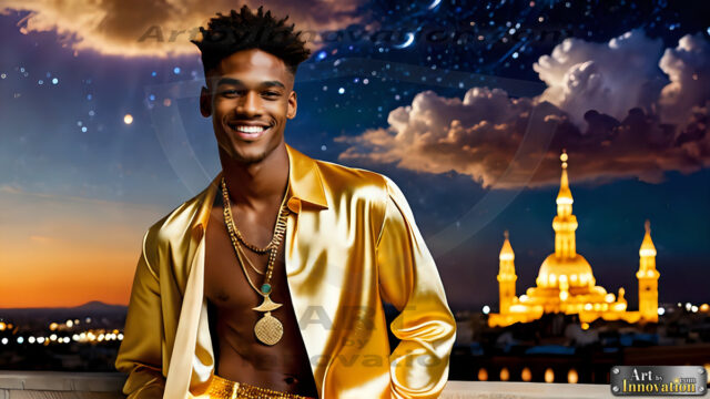 The Men of the Golden City is a collection of AI generated images of beautiful, glamorous, handsome guys in the heavens. The heavenly landscape evokes a sense of magnificence, the majestic gothic architecture, is detailed and crafted to create an atmosphere of reverence and divine glory. The mystical and galactic landscape highlights the golden city. The great detail of the city and the billowing clouds. A golden river flows from the city to the end of the galaxy. The vast galaxy almost covers the image. The stars and constellations sparkle in the galaxy. The city has massive, magnificent, majestic gothic architecture.