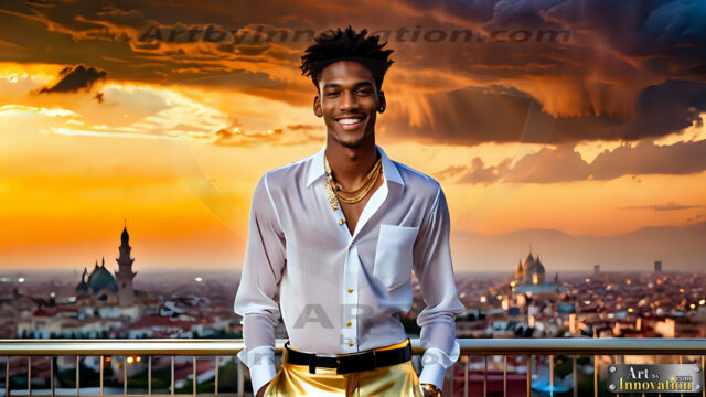 The Men of the Golden City is a collection of AI generated images of beautiful, glamorous, handsome guys in the heavens. The heavenly landscape evokes a sense of magnificence, the majestic gothic architecture, is detailed and crafted to create an atmosphere of reverence and divine glory. The mystical and galactic landscape highlights the golden city. The great detail of the city and the billowing clouds. A golden river flows from the city to the end of the galaxy. The vast galaxy almost covers the image. The stars and constellations sparkle in the galaxy. The city has massive, magnificent, majestic gothic architecture.