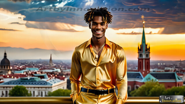 The Men of the Golden City is a collection of AI generated images of beautiful, glamorous, handsome guys in the heavens. The heavenly landscape evokes a sense of magnificence, the majestic gothic architecture, is detailed and crafted to create an atmosphere of reverence and divine glory. The mystical and galactic landscape highlights the golden city. The great detail of the city and the billowing clouds. A golden river flows from the city to the end of the galaxy. The vast galaxy almost covers the image. The stars and constellations sparkle in the galaxy. The city has massive, magnificent, majestic gothic architecture.