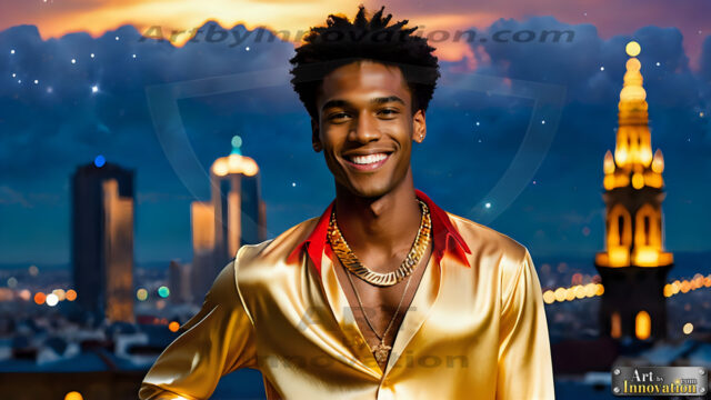 The Men of the Golden City is a collection of AI generated images of beautiful, glamorous, handsome guys in the heavens. The heavenly landscape evokes a sense of magnificence, the majestic gothic architecture, is detailed and crafted to create an atmosphere of reverence and divine glory. The mystical and galactic landscape highlights the golden city. The great detail of the city and the billowing clouds. A golden river flows from the city to the end of the galaxy. The vast galaxy almost covers the image. The stars and constellations sparkle in the galaxy. The city has massive, magnificent, majestic gothic architecture.