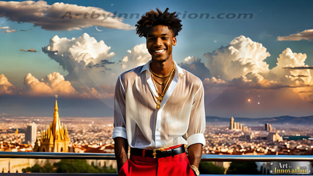 The Men of the Golden City is a collection of AI generated images of beautiful, glamorous, handsome guys in the heavens. The heavenly landscape evokes a sense of magnificence, the majestic gothic architecture, is detailed and crafted to create an atmosphere of reverence and divine glory. The mystical and galactic landscape highlights the golden city. The great detail of the city and the billowing clouds. A golden river flows from the city to the end of the galaxy. The vast galaxy almost covers the image. The stars and constellations sparkle in the galaxy. The city has massive, magnificent, majestic gothic architecture.