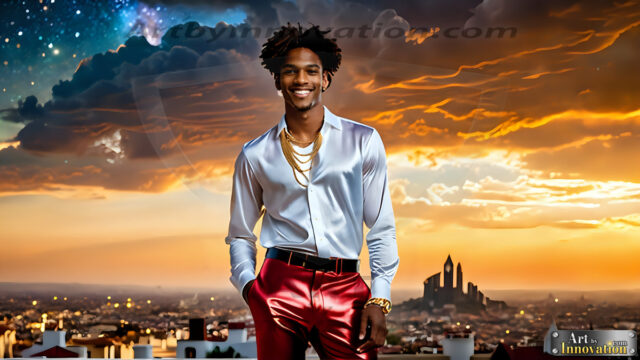 The Men of the Golden City is a collection of AI generated images of beautiful, glamorous, handsome guys in the heavens. The heavenly landscape evokes a sense of magnificence, the majestic gothic architecture, is detailed and crafted to create an atmosphere of reverence and divine glory. The mystical and galactic landscape highlights the golden city. The great detail of the city and the billowing clouds. A golden river flows from the city to the end of the galaxy. The vast galaxy almost covers the image. The stars and constellations sparkle in the galaxy. The city has massive, magnificent, majestic gothic architecture.