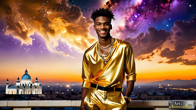 The Men of the Golden City is a collection of AI generated images of beautiful, glamorous, handsome guys in the heavens. The heavenly landscape evokes a sense of magnificence, the majestic gothic architecture, is detailed and crafted to create an atmosphere of reverence and divine glory. The mystical and galactic landscape highlights the golden city. The great detail of the city and the billowing clouds. A golden river flows from the city to the end of the galaxy. The vast galaxy almost covers the image. The stars and constellations sparkle in the galaxy. The city has massive, magnificent, majestic gothic architecture.