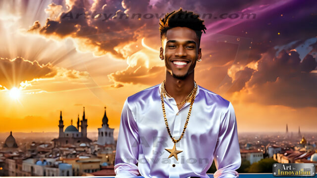 The Men of the Golden City is a collection of AI generated images of beautiful, glamorous, handsome guys in the heavens. The heavenly landscape evokes a sense of magnificence, the majestic gothic architecture, is detailed and crafted to create an atmosphere of reverence and divine glory. The mystical and galactic landscape highlights the golden city. The great detail of the city and the billowing clouds. A golden river flows from the city to the end of the galaxy. The vast galaxy almost covers the image. The stars and constellations sparkle in the galaxy. The city has massive, magnificent, majestic gothic architecture.