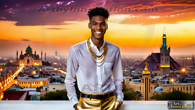 The Men of the Golden City is a collection of AI generated images of beautiful, glamorous, handsome guys in the heavens. The heavenly landscape evokes a sense of magnificence, the majestic gothic architecture, is detailed and crafted to create an atmosphere of reverence and divine glory. The mystical and galactic landscape highlights the golden city. The great detail of the city and the billowing clouds. A golden river flows from the city to the end of the galaxy. The vast galaxy almost covers the image. The stars and constellations sparkle in the galaxy. The city has massive, magnificent, majestic gothic architecture.