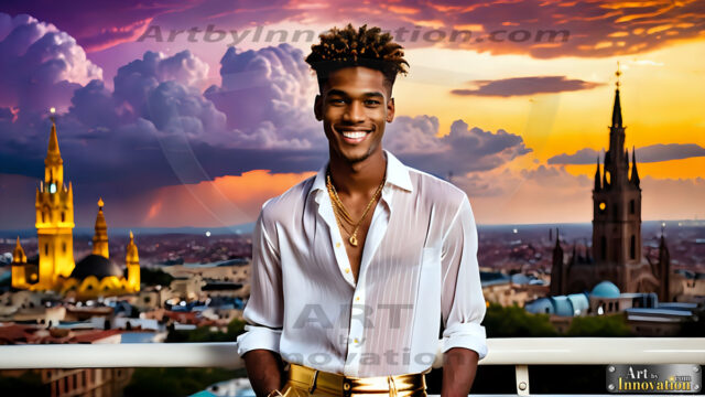 The Men of the Golden City is a collection of AI generated images of beautiful, glamorous, handsome guys in the heavens. The heavenly landscape evokes a sense of magnificence, the majestic gothic architecture, is detailed and crafted to create an atmosphere of reverence and divine glory. The mystical and galactic landscape highlights the golden city. The great detail of the city and the billowing clouds. A golden river flows from the city to the end of the galaxy. The vast galaxy almost covers the image. The stars and constellations sparkle in the galaxy. The city has massive, magnificent, majestic gothic architecture.