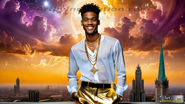 The Men of the Golden City is a collection of AI generated images of beautiful, glamorous, handsome guys in the heavens. The heavenly landscape evokes a sense of magnificence, the majestic gothic architecture, is detailed and crafted to create an atmosphere of reverence and divine glory. The mystical and galactic landscape highlights the golden city. The great detail of the city and the billowing clouds. A golden river flows from the city to the end of the galaxy. The vast galaxy almost covers the image. The stars and constellations sparkle in the galaxy. The city has massive, magnificent, majestic gothic architecture.