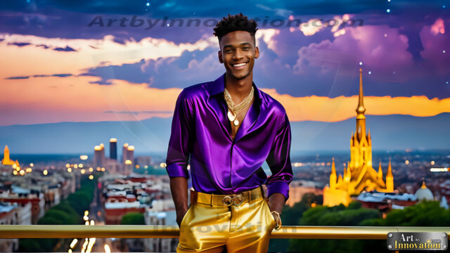 The Men of the Golden City is a collection of AI generated images of beautiful, glamorous, handsome guys in the heavens. The heavenly landscape evokes a sense of magnificence, the majestic gothic architecture, is detailed and crafted to create an atmosphere of reverence and divine glory. The mystical and galactic landscape highlights the golden city. The great detail of the city and the billowing clouds. A golden river flows from the city to the end of the galaxy. The vast galaxy almost covers the image. The stars and constellations sparkle in the galaxy. The city has massive, magnificent, majestic gothic architecture.