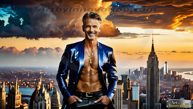 The Men of the Golden City is a collection of AI generated images of beautiful, glamorous, handsome guys in the heavens. The heavenly landscape evokes a sense of magnificence, the majestic gothic architecture, is detailed and crafted to create an atmosphere of reverence and divine glory. The mystical and galactic landscape highlights the golden city. The great detail of the city and the billowing clouds. A golden river flows from the city to the end of the galaxy. The vast galaxy almost covers the image. The stars and constellations sparkle in the galaxy. The city has massive, magnificent, majestic gothic architecture.
