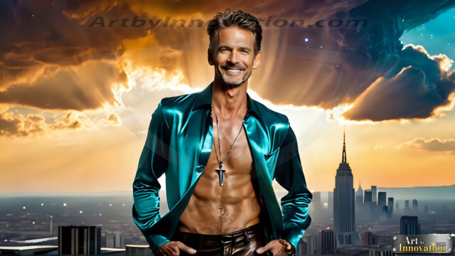 The Men of the Golden City is a collection of AI generated images of beautiful, glamorous, handsome guys in the heavens. The heavenly landscape evokes a sense of magnificence, the majestic gothic architecture, is detailed and crafted to create an atmosphere of reverence and divine glory. The mystical and galactic landscape highlights the golden city. The great detail of the city and the billowing clouds. A golden river flows from the city to the end of the galaxy. The vast galaxy almost covers the image. The stars and constellations sparkle in the galaxy. The city has massive, magnificent, majestic gothic architecture.