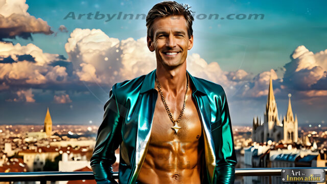 The Men of the Golden City is a collection of AI generated images of beautiful, glamorous, handsome guys in the heavens. The heavenly landscape evokes a sense of magnificence, the majestic gothic architecture, is detailed and crafted to create an atmosphere of reverence and divine glory. The mystical and galactic landscape highlights the golden city. The great detail of the city and the billowing clouds. A golden river flows from the city to the end of the galaxy. The vast galaxy almost covers the image. The stars and constellations sparkle in the galaxy. The city has massive, magnificent, majestic gothic architecture.