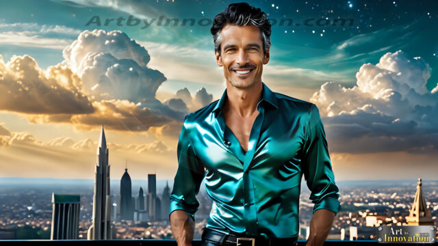 The Men of the Golden City is a collection of AI generated images of beautiful, glamorous, handsome guys in the heavens. The heavenly landscape evokes a sense of magnificence, the majestic gothic architecture, is detailed and crafted to create an atmosphere of reverence and divine glory. The mystical and galactic landscape highlights the golden city. The great detail of the city and the billowing clouds. A golden river flows from the city to the end of the galaxy. The vast galaxy almost covers the image. The stars and constellations sparkle in the galaxy. The city has massive, magnificent, majestic gothic architecture.