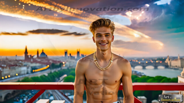 The Men of the Golden City is a collection of AI generated images of beautiful, glamorous, handsome guys in the heavens. The heavenly landscape evokes a sense of magnificence, the majestic gothic architecture, is detailed and crafted to create an atmosphere of reverence and divine glory. The mystical and galactic landscape highlights the golden city. The great detail of the city and the billowing clouds. A golden river flows from the city to the end of the galaxy. The vast galaxy almost covers the image. The stars and constellations sparkle in the galaxy. The city has massive, magnificent, majestic gothic architecture.