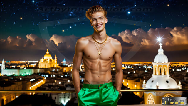 The Men of the Golden City is a collection of AI generated images of beautiful, glamorous, handsome guys in the heavens. The heavenly landscape evokes a sense of magnificence, the majestic gothic architecture, is detailed and crafted to create an atmosphere of reverence and divine glory. The mystical and galactic landscape highlights the golden city. The great detail of the city and the billowing clouds. A golden river flows from the city to the end of the galaxy. The vast galaxy almost covers the image. The stars and constellations sparkle in the galaxy. The city has massive, magnificent, majestic gothic architecture.