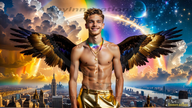 The Men of the Golden City is a collection of AI generated images of beautiful, glamorous, handsome guys in the heavens. The heavenly landscape evokes a sense of magnificence, the majestic gothic architecture, is detailed and crafted to create an atmosphere of reverence and divine glory. The mystical and galactic landscape highlights the golden city. The great detail of the city and the billowing clouds. A golden river flows from the city to the end of the galaxy. The vast galaxy almost covers the image. The stars and constellations sparkle in the galaxy. The city has massive, magnificent, majestic gothic architecture.