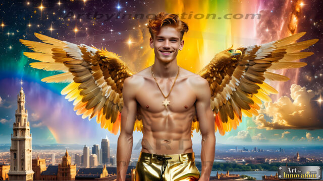 The Men of the Golden City is a collection of AI generated images of beautiful, glamorous, handsome guys in the heavens. The heavenly landscape evokes a sense of magnificence, the majestic gothic architecture, is detailed and crafted to create an atmosphere of reverence and divine glory. The mystical and galactic landscape highlights the golden city. The great detail of the city and the billowing clouds. A golden river flows from the city to the end of the galaxy. The vast galaxy almost covers the image. The stars and constellations sparkle in the galaxy. The city has massive, magnificent, majestic gothic architecture.