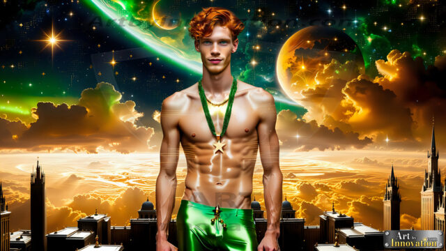 The Men of the Golden City is a collection of AI generated images of beautiful, glamorous, handsome guys in the heavens. The heavenly landscape evokes a sense of magnificence, the majestic gothic architecture, is detailed and crafted to create an atmosphere of reverence and divine glory. The mystical and galactic landscape highlights the golden city. The great detail of the city and the billowing clouds. A golden river flows from the city to the end of the galaxy. The vast galaxy almost covers the image. The stars and constellations sparkle in the galaxy. The city has massive, magnificent, majestic gothic architecture.