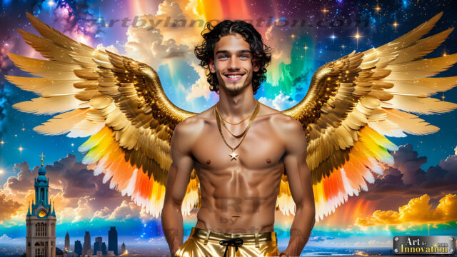 The Men of the Golden City is a collection of AI generated images of beautiful, glamorous, handsome guys in the heavens. The heavenly landscape evokes a sense of magnificence, the majestic gothic architecture, is detailed and crafted to create an atmosphere of reverence and divine glory. The mystical and galactic landscape highlights the golden city. The great detail of the city and the billowing clouds. A golden river flows from the city to the end of the galaxy. The vast galaxy almost covers the image. The stars and constellations sparkle in the galaxy. The city has massive, magnificent, majestic gothic architecture.