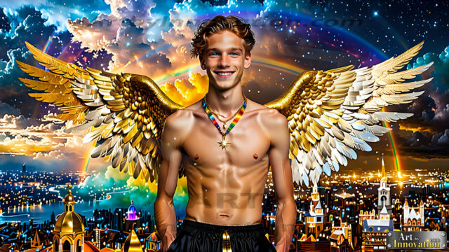 The Men of the Golden City is a collection of AI generated images of beautiful, glamorous, handsome guys in the heavens. The heavenly landscape evokes a sense of magnificence, the majestic gothic architecture, is detailed and crafted to create an atmosphere of reverence and divine glory. The mystical and galactic landscape highlights the golden city. The great detail of the city and the billowing clouds. A golden river flows from the city to the end of the galaxy. The vast galaxy almost covers the image. The stars and constellations sparkle in the galaxy. The city has massive, magnificent, majestic gothic architecture.