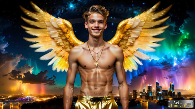 The Men of the Golden City is a collection of AI generated images of beautiful, glamorous, handsome guys in the heavens. The heavenly landscape evokes a sense of magnificence, the majestic gothic architecture, is detailed and crafted to create an atmosphere of reverence and divine glory. The mystical and galactic landscape highlights the golden city. The great detail of the city and the billowing clouds. A golden river flows from the city to the end of the galaxy. The vast galaxy almost covers the image. The stars and constellations sparkle in the galaxy. The city has massive, magnificent, majestic gothic architecture.