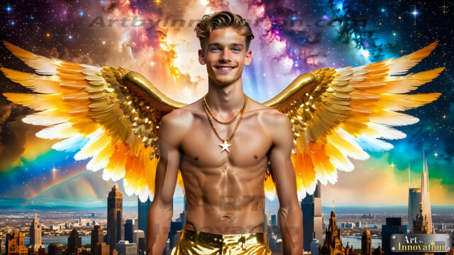 The Men of the Golden City is a collection of AI generated images of beautiful, glamorous, handsome guys in the heavens. The heavenly landscape evokes a sense of magnificence, the majestic gothic architecture, is detailed and crafted to create an atmosphere of reverence and divine glory. The mystical and galactic landscape highlights the golden city. The great detail of the city and the billowing clouds. A golden river flows from the city to the end of the galaxy. The vast galaxy almost covers the image. The stars and constellations sparkle in the galaxy. The city has massive, magnificent, majestic gothic architecture.