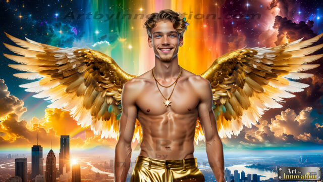 The Men of the Golden City is a collection of AI generated images of beautiful, glamorous, handsome guys in the heavens. The heavenly landscape evokes a sense of magnificence, the majestic gothic architecture, is detailed and crafted to create an atmosphere of reverence and divine glory. The mystical and galactic landscape highlights the golden city. The great detail of the city and the billowing clouds. A golden river flows from the city to the end of the galaxy. The vast galaxy almost covers the image. The stars and constellations sparkle in the galaxy. The city has massive, magnificent, majestic gothic architecture.