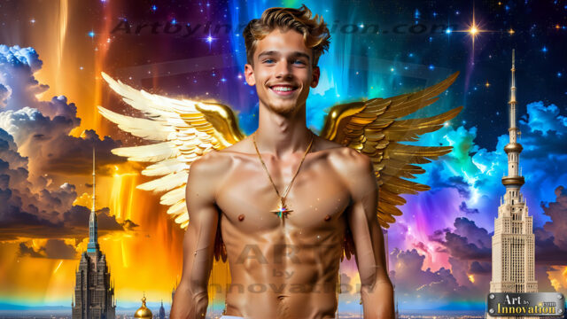 The Men of the Golden City is a collection of AI generated images of beautiful, glamorous, handsome guys in the heavens. The heavenly landscape evokes a sense of magnificence, the majestic gothic architecture, is detailed and crafted to create an atmosphere of reverence and divine glory. The mystical and galactic landscape highlights the golden city. The great detail of the city and the billowing clouds. A golden river flows from the city to the end of the galaxy. The vast galaxy almost covers the image. The stars and constellations sparkle in the galaxy. The city has massive, magnificent, majestic gothic architecture.