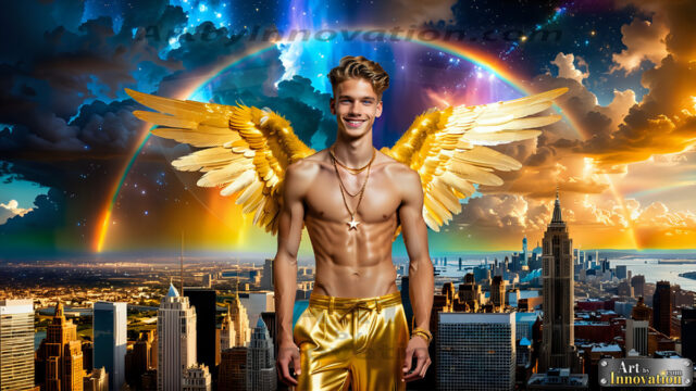 The Men of the Golden City is a collection of AI generated images of beautiful, glamorous, handsome guys in the heavens. The heavenly landscape evokes a sense of magnificence, the majestic gothic architecture, is detailed and crafted to create an atmosphere of reverence and divine glory. The mystical and galactic landscape highlights the golden city. The great detail of the city and the billowing clouds. A golden river flows from the city to the end of the galaxy. The vast galaxy almost covers the image. The stars and constellations sparkle in the galaxy. The city has massive, magnificent, majestic gothic architecture.