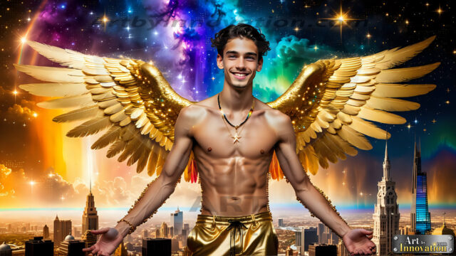 The Men of the Golden City is a collection of AI generated images of beautiful, glamorous, handsome guys in the heavens. The heavenly landscape evokes a sense of magnificence, the majestic gothic architecture, is detailed and crafted to create an atmosphere of reverence and divine glory. The mystical and galactic landscape highlights the golden city. The great detail of the city and the billowing clouds. A golden river flows from the city to the end of the galaxy. The vast galaxy almost covers the image. The stars and constellations sparkle in the galaxy. The city has massive, magnificent, majestic gothic architecture.