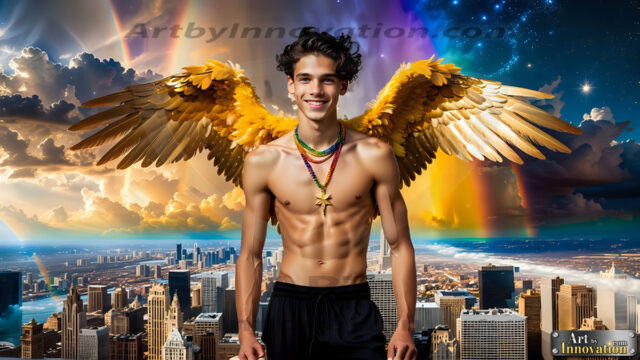 The Men of the Golden City is a collection of AI generated images of beautiful, glamorous, handsome guys in the heavens. The heavenly landscape evokes a sense of magnificence, the majestic gothic architecture, is detailed and crafted to create an atmosphere of reverence and divine glory. The mystical and galactic landscape highlights the golden city. The great detail of the city and the billowing clouds. A golden river flows from the city to the end of the galaxy. The vast galaxy almost covers the image. The stars and constellations sparkle in the galaxy. The city has massive, magnificent, majestic gothic architecture.