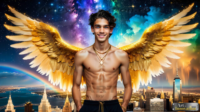 The Men of the Golden City is a collection of AI generated images of beautiful, glamorous, handsome guys in the heavens. The heavenly landscape evokes a sense of magnificence, the majestic gothic architecture, is detailed and crafted to create an atmosphere of reverence and divine glory. The mystical and galactic landscape highlights the golden city. The great detail of the city and the billowing clouds. A golden river flows from the city to the end of the galaxy. The vast galaxy almost covers the image. The stars and constellations sparkle in the galaxy. The city has massive, magnificent, majestic gothic architecture.