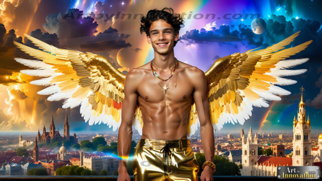 The Men of the Golden City is a collection of AI generated images of beautiful, glamorous, handsome guys in the heavens. The heavenly landscape evokes a sense of magnificence, the majestic gothic architecture, is detailed and crafted to create an atmosphere of reverence and divine glory. The mystical and galactic landscape highlights the golden city. The great detail of the city and the billowing clouds. A golden river flows from the city to the end of the galaxy. The vast galaxy almost covers the image. The stars and constellations sparkle in the galaxy. The city has massive, magnificent, majestic gothic architecture.