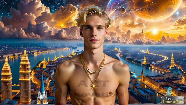The Men of the Golden City is a collection of AI generated images of beautiful, glamorous, handsome guys in the heavens. The heavenly landscape evokes a sense of magnificence, the majestic gothic architecture, is detailed and crafted to create an atmosphere of reverence and divine glory. The mystical and galactic landscape highlights the golden city. The great detail of the city and the billowing clouds. A golden river flows from the city to the end of the galaxy. The vast galaxy almost covers the image. The stars and constellations sparkle in the galaxy. The city has massive, magnificent, majestic gothic architecture.